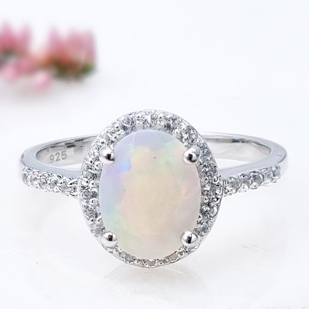 Srebrny pierścionek z opalem i kryształami górskimi