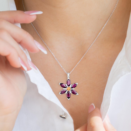 Naszyjnik kwiat z kamieniami naturalnymi Granat i Cytryn