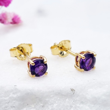 Kolczyki złote kulki z naturalnymi ametystami, wkrętki