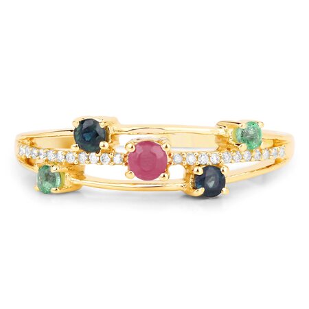 Pozłacany  pierścionek z naturalnym szafirem, szmaragdem, rubinem i diamentami